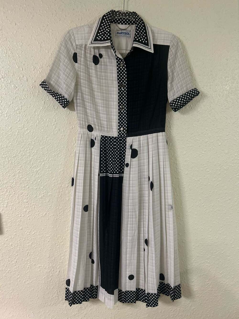 Vintage Marysol Tokyo Aoyama Black White Polka Dot and Plaid Midi Shirtdress